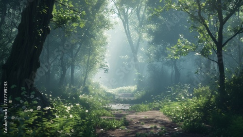 Sunlit Path through Verdant Forest - A sunlit path leads through a vibrant verdant forest  inviting exploration and adventure.