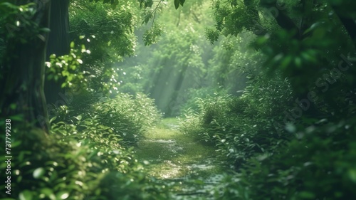 Green Canopy Walk in Forest - A pathway meanders through a lush green forest canopy, offering a peaceful escape into nature.