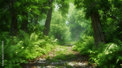 Tranquil Forest Pathway in Sunlight - A tranquil pathway winds through a forest bathed in sunlight  symbolizing peace and the journey through nature.