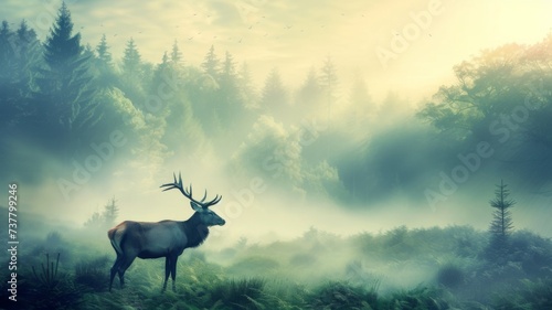Majestic Deer in Misty Forest - A lone stag stands amidst the ethereal morning fog of a serene forest. © Mickey