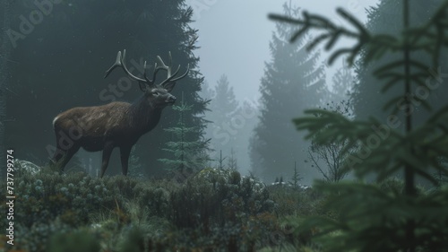Deer in Dark Forest - A stag stands alert in the moody ambiance of a dense, foggy forest.