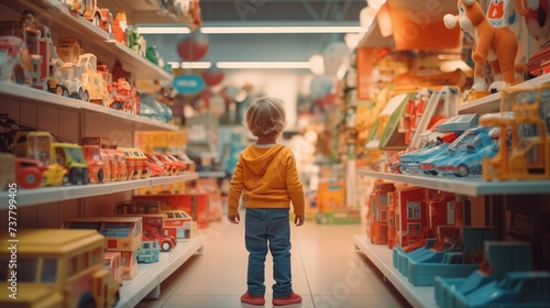 A toddler in a yellow hoodie stands in awe in a toy store aisle, surrounded by colorful toys and shelves filled with cars and plush animals.