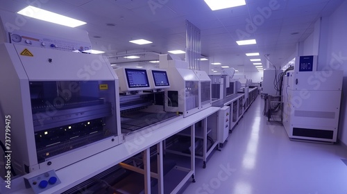 High-tech printed circuit board (PCB) workshop with automated chip mounting machines and sophisticated equipment in a clean, organized production facility.