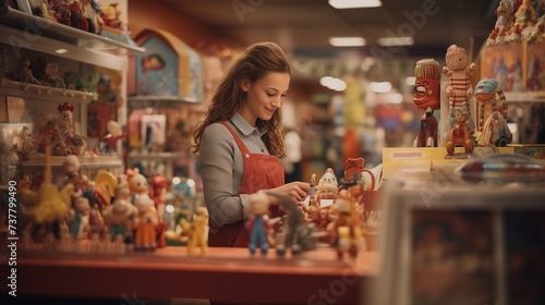 A young saleswoman with a warm smile arranging colorful toys on a shelf in a toy store, creating a friendly and inviting atmosphere for shoppers.