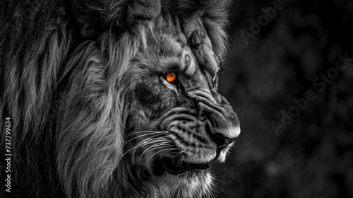 Monochrome portrait of majestic lion with piercing gaze. Wildlife and nature.