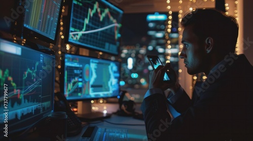 Crypto trader using mobile phone and computers to trade, scalping