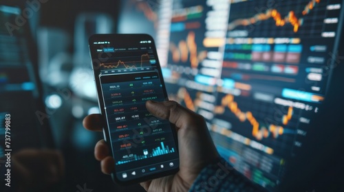 Crypto trader checking the market on his phone and computer, stock market and cryptocurrency exchanges charts on screens photo