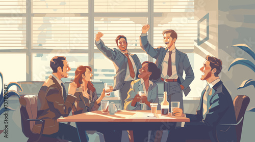 Business colleagues celebrating in an office environment. They appear to be in high spirits, possibly celebrating a success or a milestone