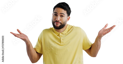 Confused, doubt and portrait of man with why hands, expression or dont know sign on isolated, transparent or png background. Palm, emoji or face of male person with questions, ask or whatever shrug photo