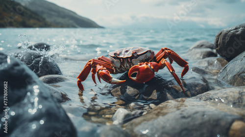 A crab is walking on the sand under the water.