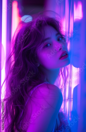 Portrait of a young woman bathed in vibrant neon lights  creating a mesmerizing  contemporary atmosphere with a touch of vintage flair.
