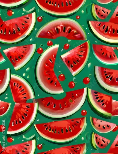 pattern of watermelon slices with seeds on the green background. Generative AI