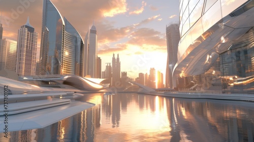 Sunrise Reflections on Modernity - The golden sunrise reflects off the sleek surfaces of contemporary buildings, highlighting a city's advancement.
