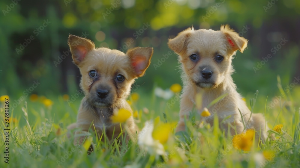 Tranquil Puppies in Golden Meadow - Young puppies sit peacefully among the yellow flowers of a sun-drenched meadow.
