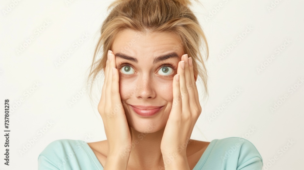 Surprised young woman holding face in hands Surprised young woman holding face in hands