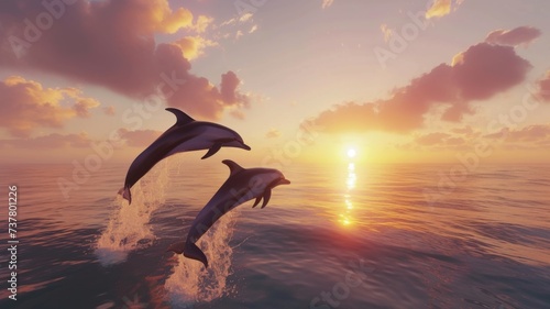 Dolphins' Sunset Dance - Two dolphins leap gracefully at sunset, creating a picturesque scene over the ocean.