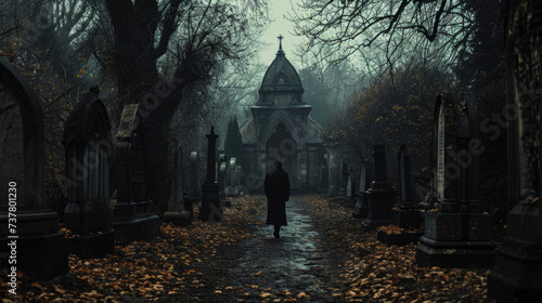 Silhouette of man walking at cemetery at night. Horror Halloween concept photo
