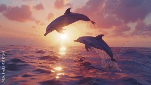 Twilight Dolphins  Acrobatics - Dolphins perform acrobatic jumps in the twilight  their silhouettes a dance against the evening sky.