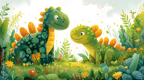 illustration of dinosaurs in the grass for children's book style © Helfin