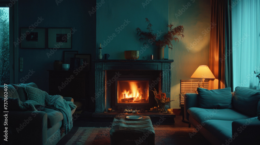 Interior design of minimalistic living room with cozy sofa and burning fireplace Interior design of minimalistic living room with cozy sofa and burning fireplace