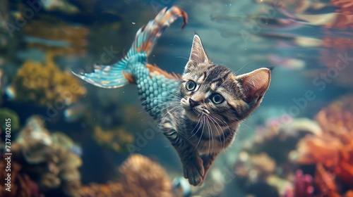 A whimsical cat with a mermaid fin gracefully swimming among coral reefs underwater