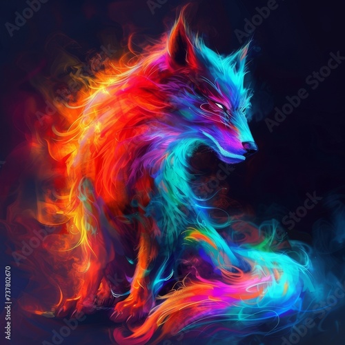 A mythical creature resembling a hybrid of a neon wolf