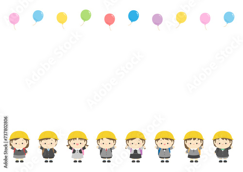 入学のお祝いのカードデザイン、カラフルな風船とかわいい小学生のベクターイラスト。コピースペースのある春の学校行事、入学式のデザイン。