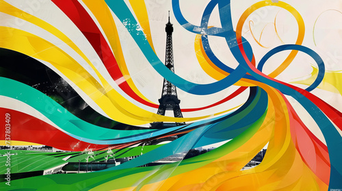 View of the Eiffel tower, Paris France with abstract colorful flowing lines