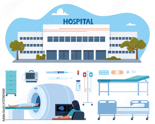Hospital furniture, tools, drugs, equipment for treatment and diagnosis. Hospital building, medical devices and doctor character. Healthcare icons set. Vector illustration.