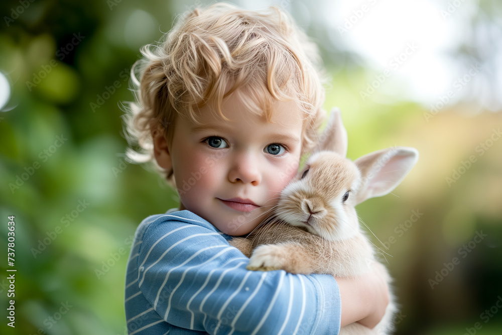 cute little boy holds and hugs fluffy rabbit in arms outdoor. domestic animals. Easter bunny cute little boy holds and hugs fluffy rabbit in arms outdoor. domestic animals. Easter bunny