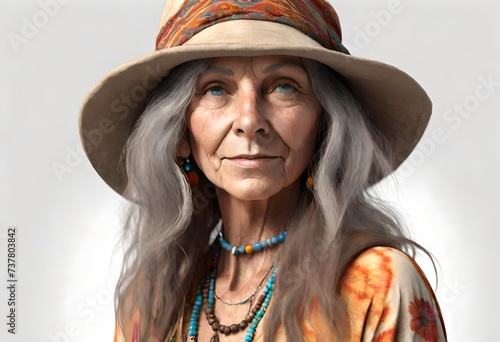an isolated senior woman retro vintage hippie with headband bandana and hippie clothes from the 1960s and 1970s