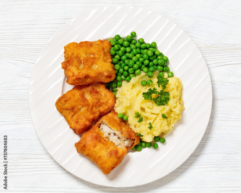 fried fish with mashed potatoes and green peas fried fish with mashed potatoes and green peas