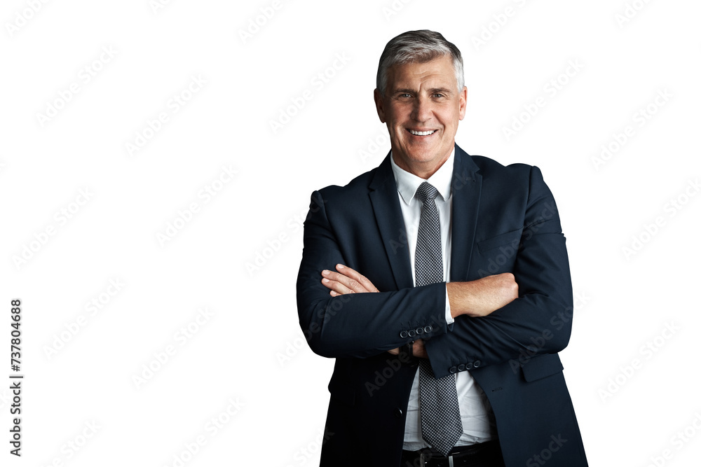 Mature, businessman and confident in portrait in corporate fashion and arms crossed in formal suit. Senior manager, happy face or pride in professional style or isolated on transparent png background Mature, businessman and confident in portrait in corporate fashion and arms crossed in formal suit. Senior manager, happy face or pride in professional style or isolated on transparent png background