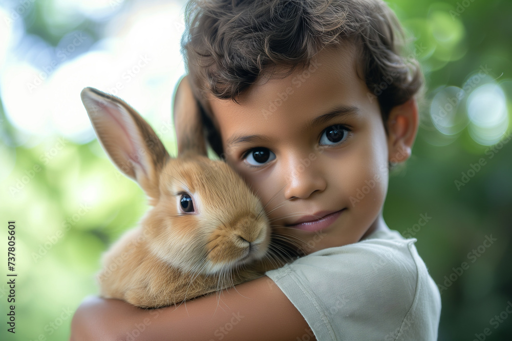 cute mixed race little boy holds and hugs fluffy rabbit in arms outdoor. pets. Easter bunny cute mixed race little boy holds and hugs fluffy rabbit in arms outdoor. pets. Easter bunny