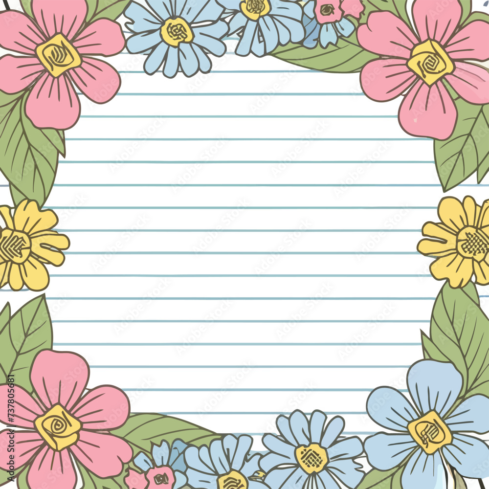 2d vector illustration colorful Lined paper with flower frame the sweet made of Design a watercolor floral lined page
