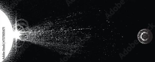 Sun explosion . Solar x flare . Big eruption of plasma with magnetic loops . Exploding star in space. Solar flash of radiation on sun surface . Coronal mass ejection.Noise texture .Vector illustration