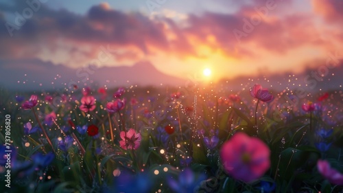 Sunset Glow over Wildflowers - A breathtaking sunset casting a golden glow over a wildflower meadow with sparkling evening dew