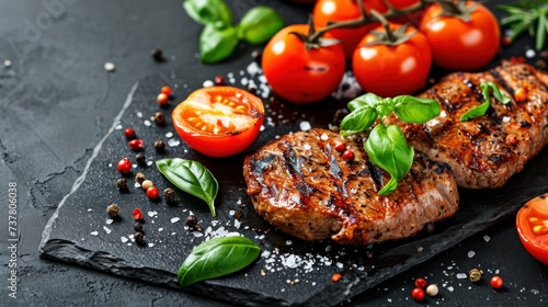 Grilled beef steaks with tomatoes and basil on a black background.