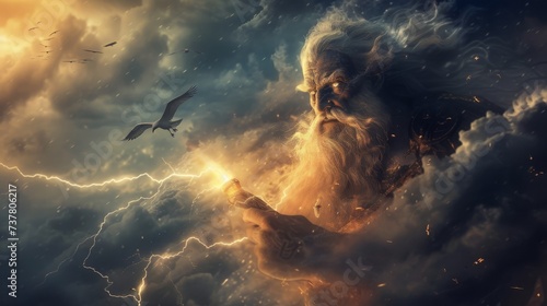Zeus wielding lightning in a stormy sky over Mount Olympus eagles soaring around him