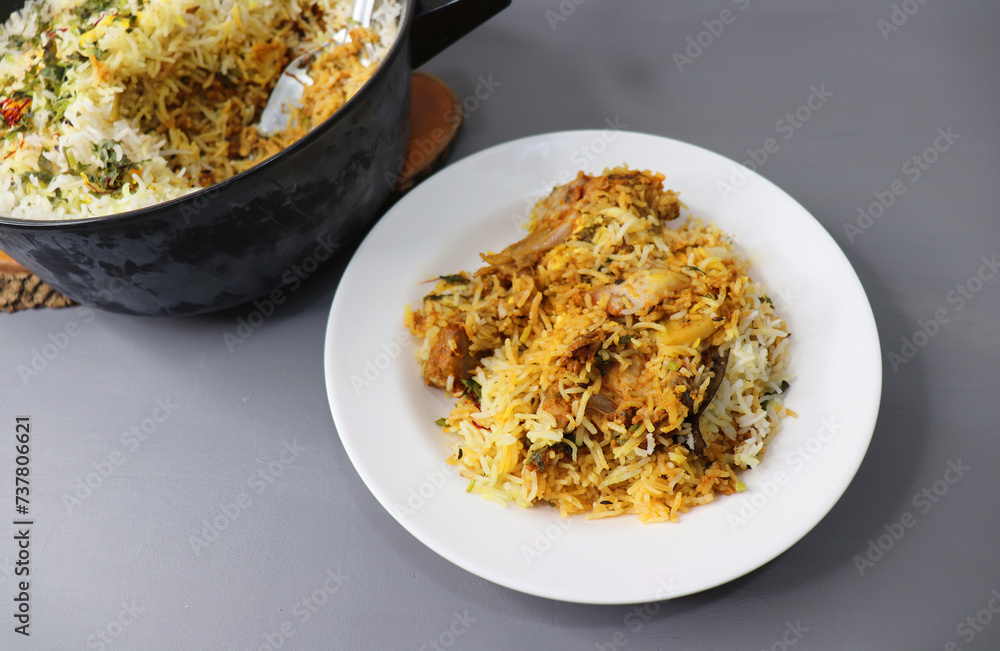 Homemade chicken Biryani or Pulao. Garnished with fried onion and chopped coriander. Biryani is a famous Spicy nonvegetarian dish of India. poultry meat cooked along with Basmati rice and spices. Homemade chicken Biryani or Pulao. Garnished with fried onion and chopped coriander. Biryani is a famous Spicy nonvegetarian dish of India. poultry meat cooked along with Basmati rice and spices.