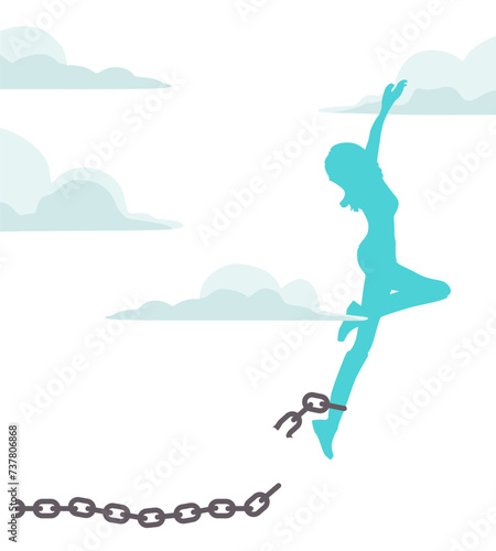 Slave trade and abolition International day remembrance concept. Positive female jumping out of broken metal chains with hands raised up feeling happy
