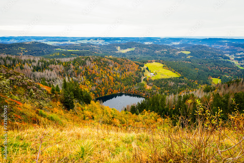 Autumnal landscape on the Feldberg in the Black Forest with a view of the Feldsee and the surrounding nature with forests and hills.
