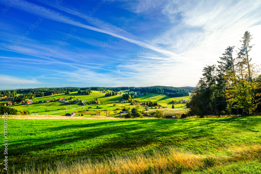 Landscape near Schönwald in the Black Forest. Nature in the morning with meadows and hills.

