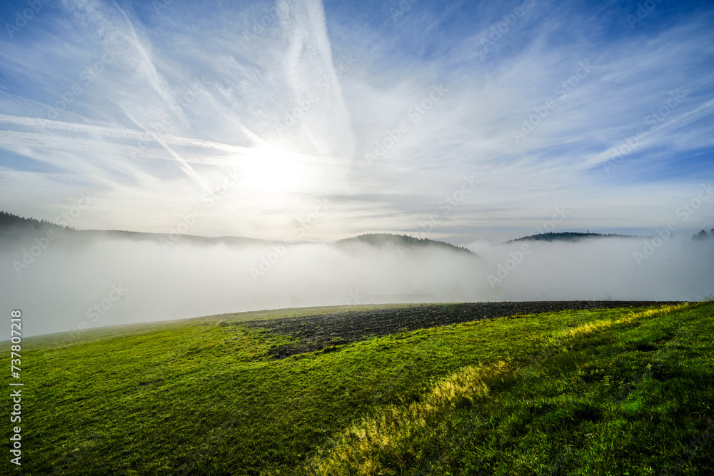 Landscape with fog in the Black Forest. Nature in the morning with meadows and hills.
