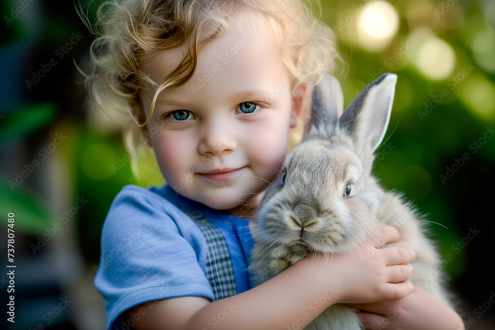 cute little boy holds and hugs fluffy rabbit in arms outdoor. domestic animals. Easter bunny cute little boy holds and hugs fluffy rabbit in arms outdoor. domestic animals. Easter bunny