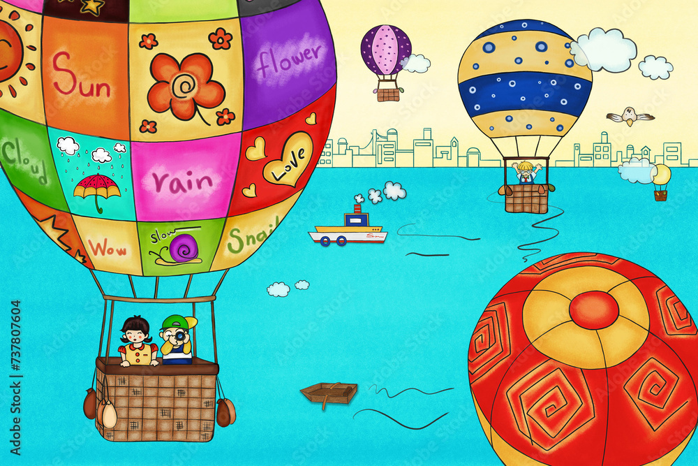 Fototapeta premium an illustration of traveling with a hot air balloon