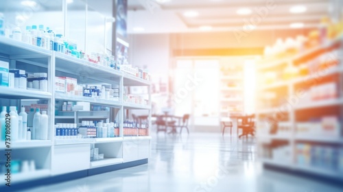 Abstract blurred interior of a modern light pharmacy with shelves and equipment near a large window.