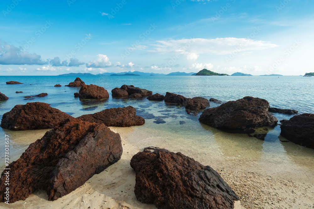 Rock, Stone Stage in nature with Sea sand Beach seashore Landscape and blue sky nature Background well editing montage Displays product tourism.