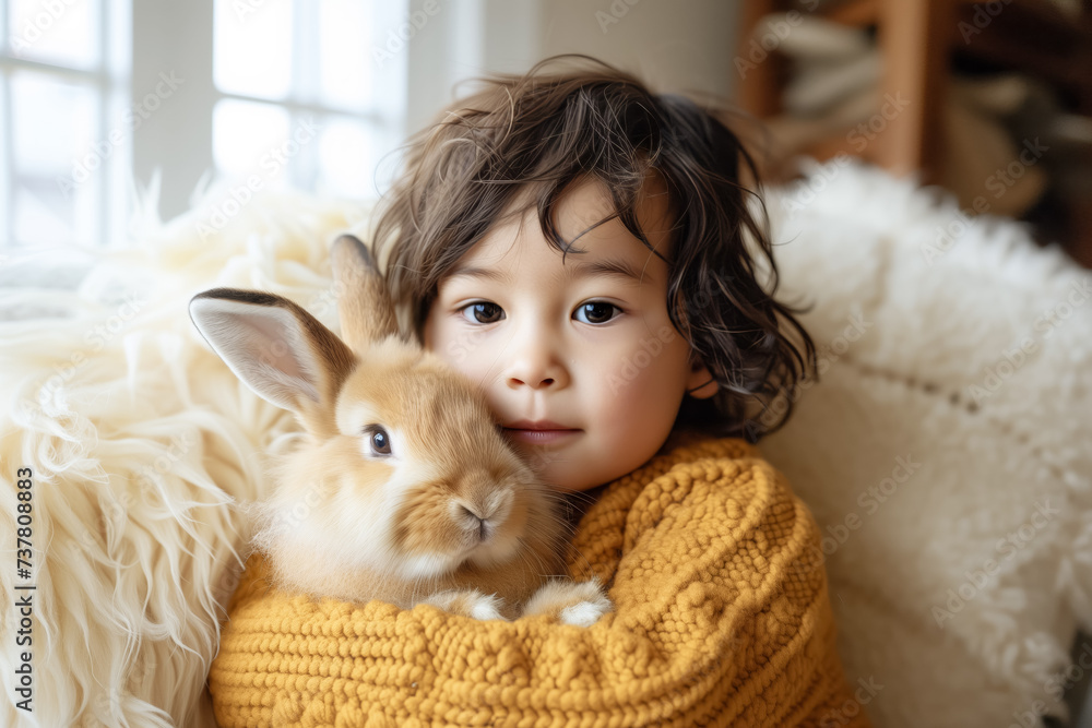 cute Chinese little boy holds and hugs fluffy rabbit in arms at home. domestic animals. Easter bunny cute Chinese little boy holds and hugs fluffy rabbit in arms at home. domestic animals. Easter bunny