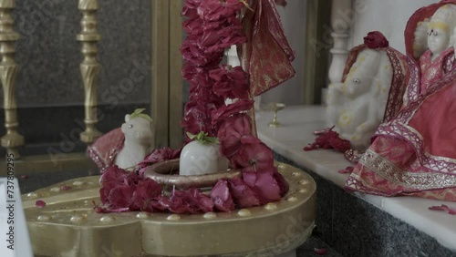 hindu god lord shivalinga prying by devotee with offering at temple at day photo